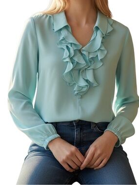 NWT Elie Tahari Light Aqua Ruffle Neck  Women's Long Sleeve Blouse L